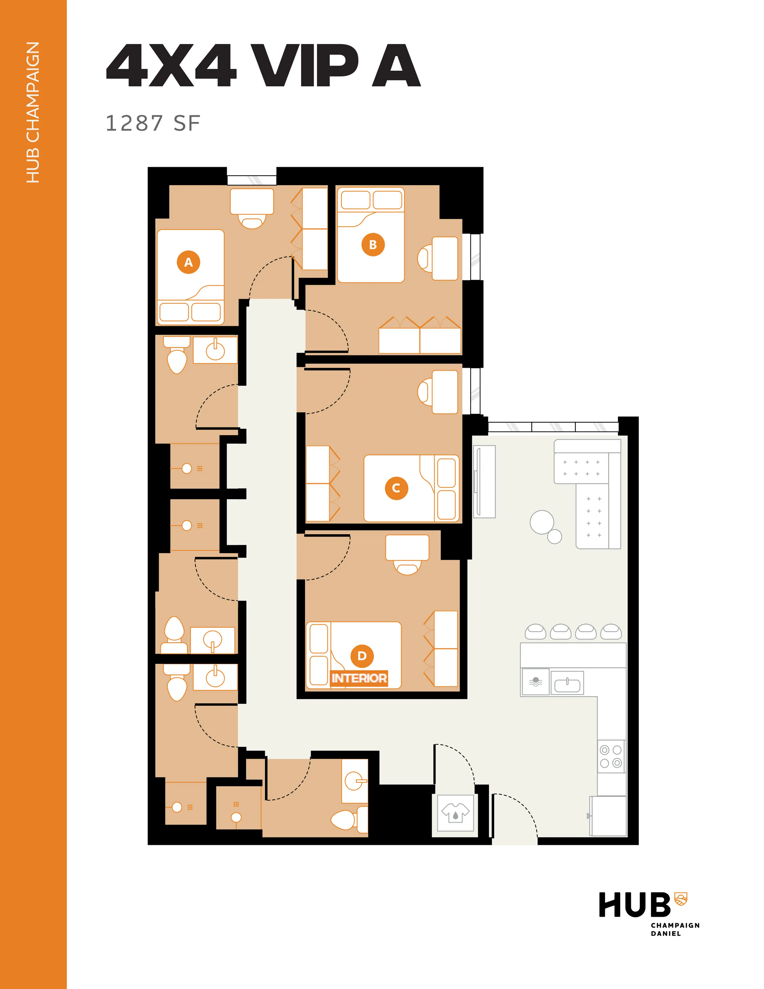Modern 4x4 VIP A apartment floor plan featuring four bedrooms, spacious living area, and fully-equipped kitchen, measuring 1287 sq ft at HUB Champaign.