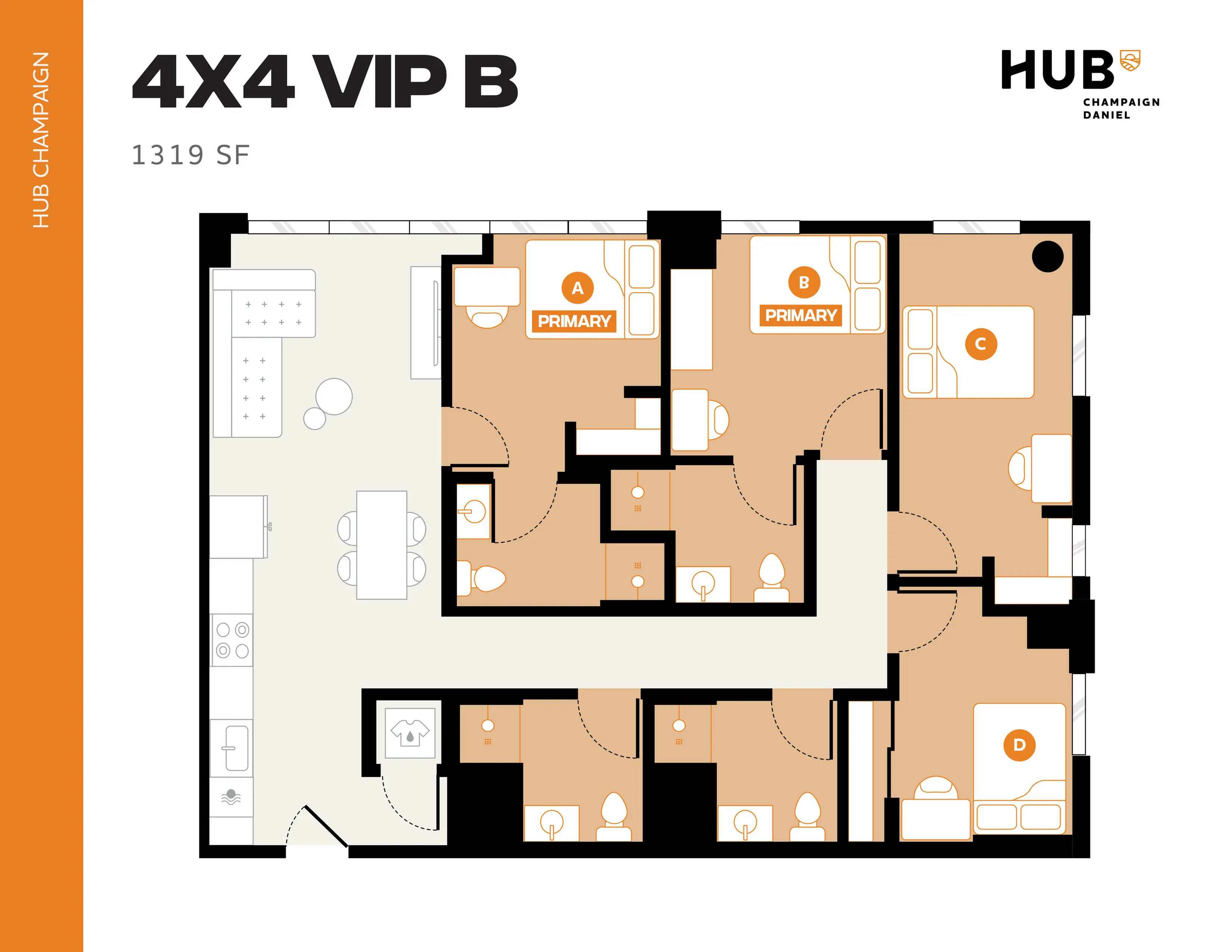 Modern 4x4 VIP B floor plan with four spacious bedrooms, open-concept living area, and stylish kitchen, covering 1319 sq ft at HUB Champaign.