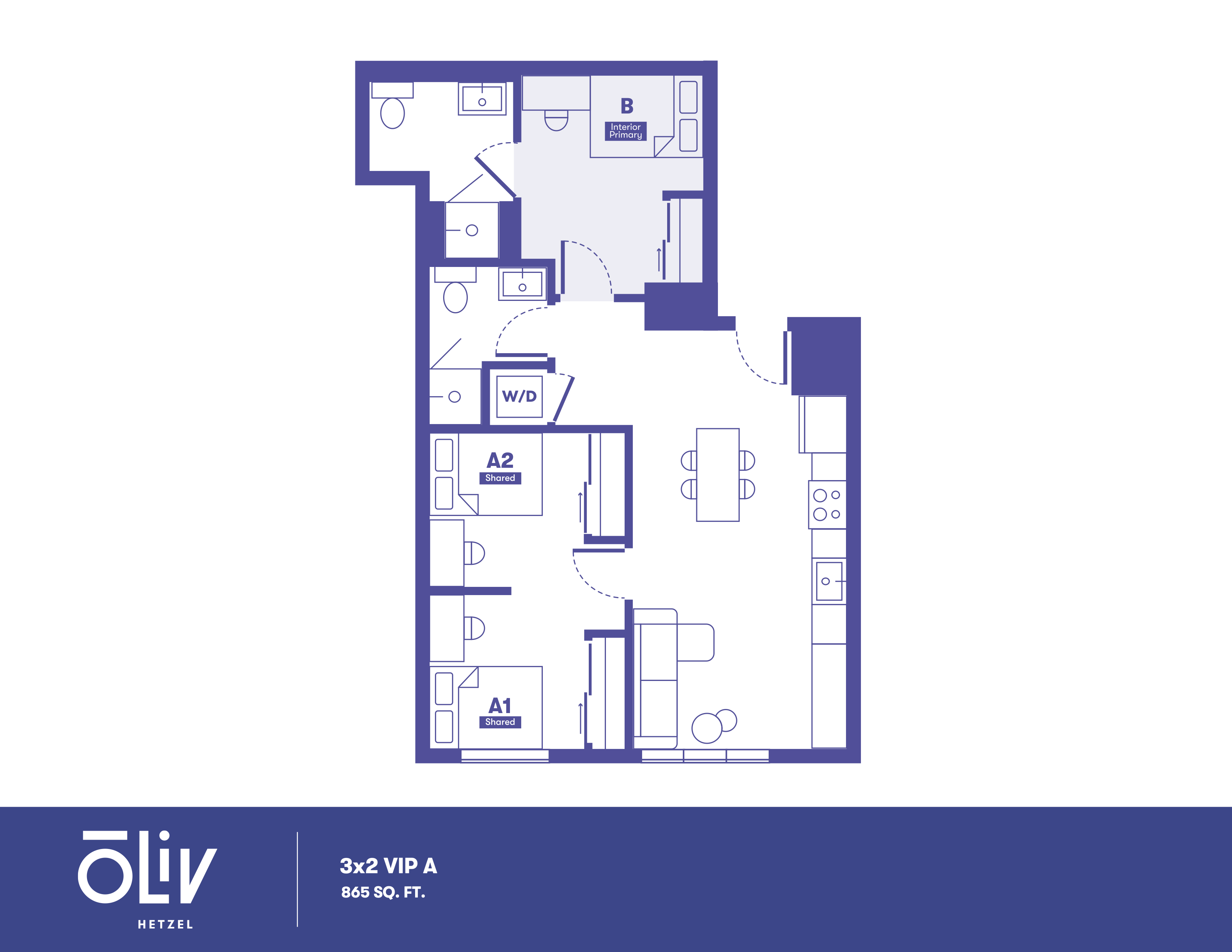Modern 3-bedroom floor plan with open living area and kitchen, featuring 865 sq. ft. of stylish space at Oliv Hetzel.