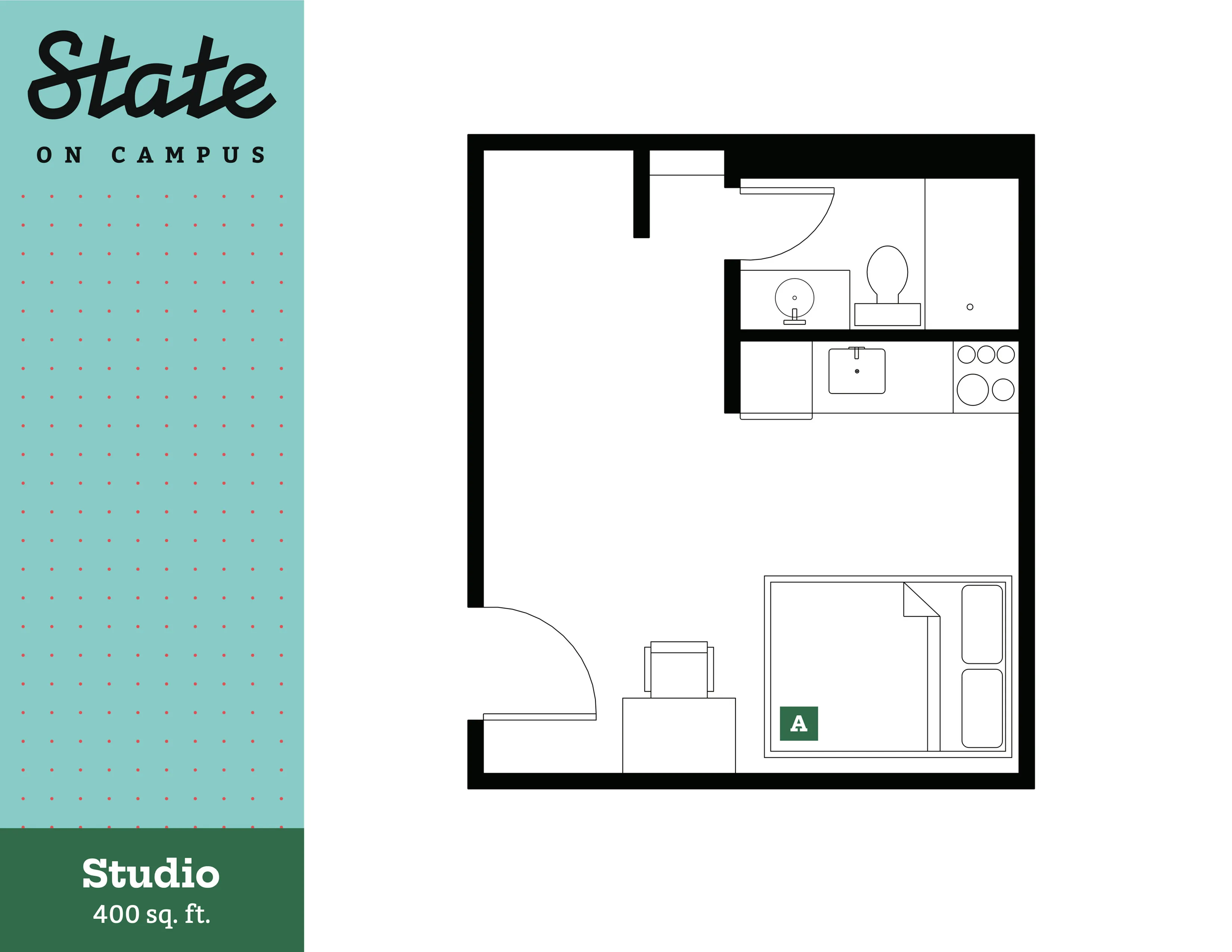 Efficient studio apartment floor plan with a modern kitchen, cozy sleeping area, and a compact bathroom. Perfect student living at State on Campus, 400 sq ft.