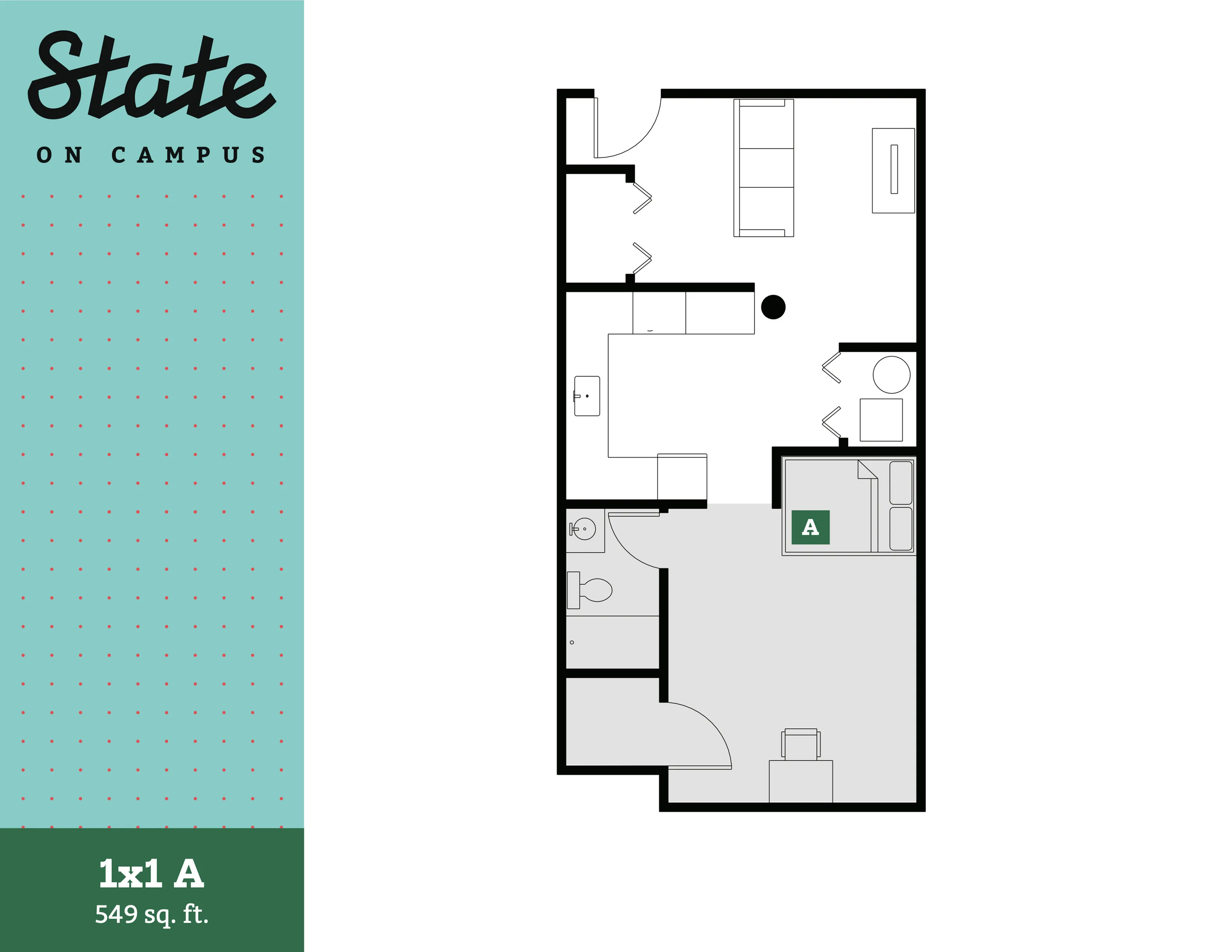 Modern floor plan for State on Campus featuring 1 bedroom, open living area, compact kitchen, and bathroom, covering 549 sq. ft.