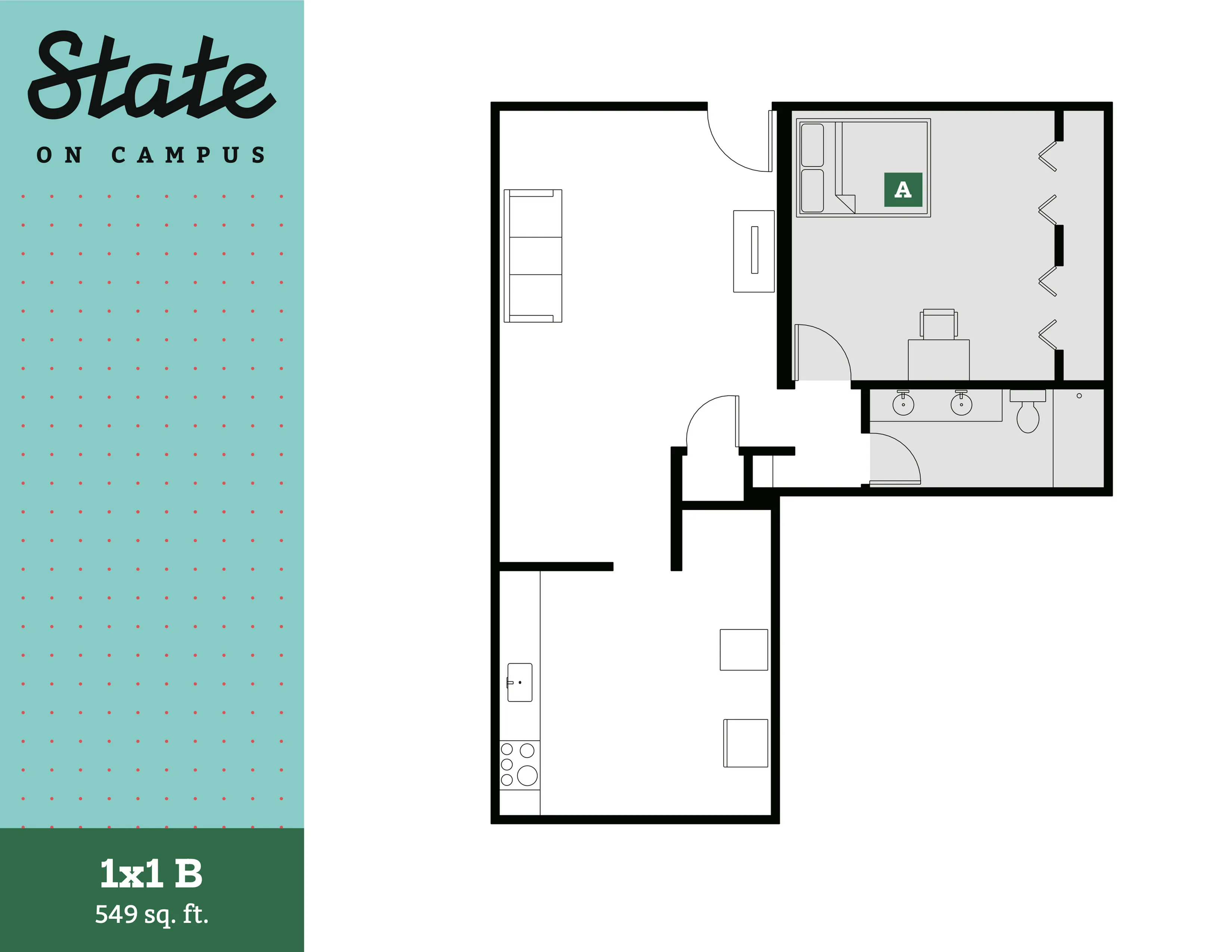Modern and efficient 1x1B floor plan at State on Campus featuring a cozy bedroom, well-appointed kitchen, and spacious living area, totaling 549 sq. ft.