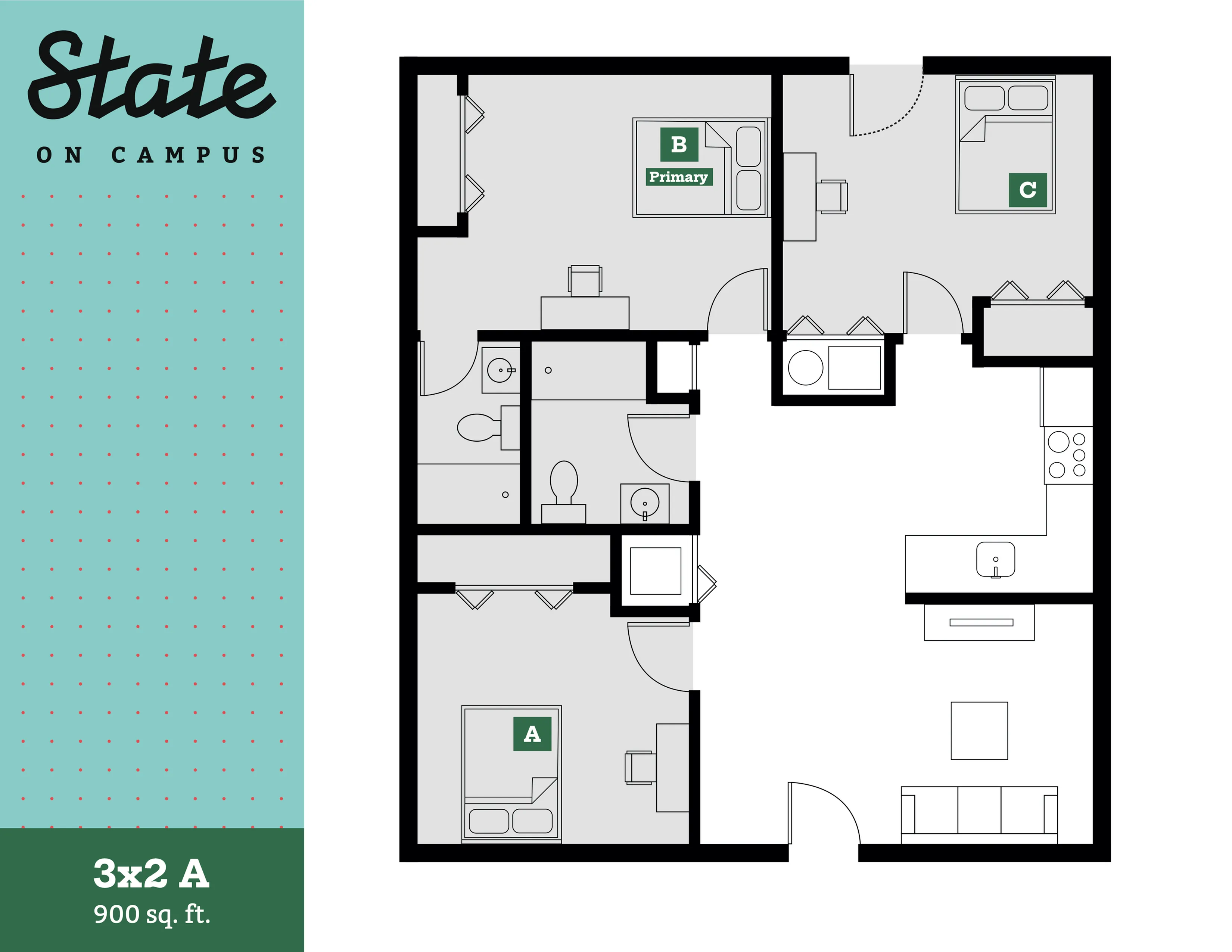 State on Campus 3x2 A floor plan featuring 3 bedrooms, 2 bathrooms, spacious living area, and modern kitchen, covering 900 sq ft.