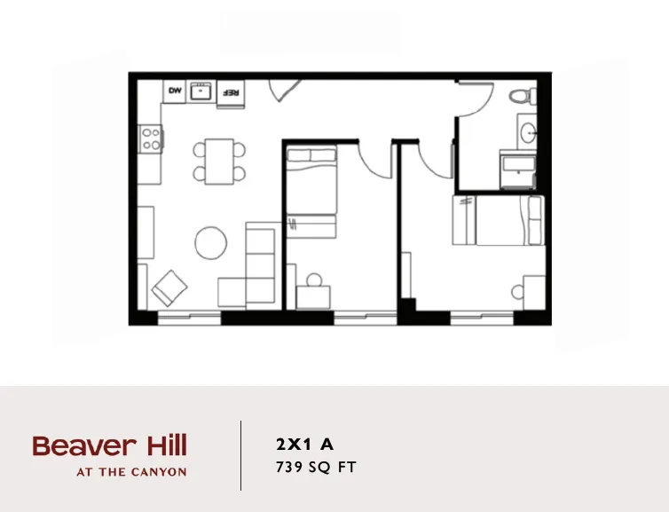 Beaver Hill spacious 2-bedroom floor plan featuring an open living room and modern kitchen, 739 sq ft.