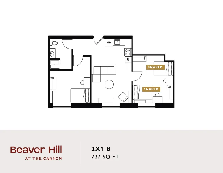 Beaver Hill apartment floor plan featuring 2 bedrooms, a spacious living room, and modern kitchen in 727 sq ft. Ideal for shared living.