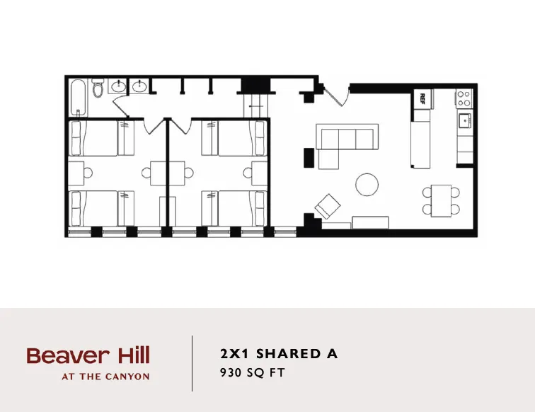 Beaver Hill spacious 2-bedroom shared floor plan featuring an open living area and modern kitchen, 930 sq ft.
