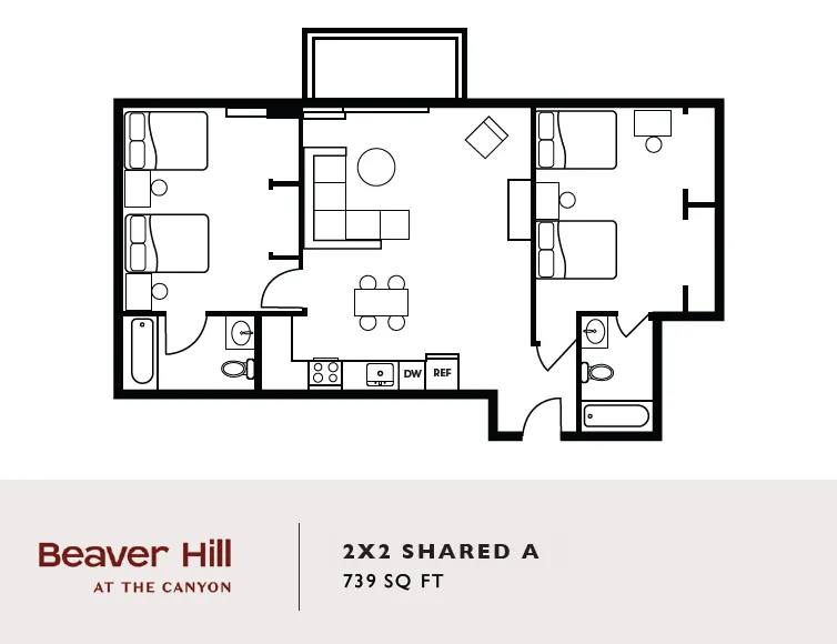 Beaver Hill at the Canyon floor plan showcasing 2 bedrooms, an open living area, and a modern kitchen, 739 sq ft.