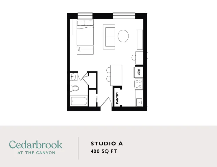 Modern Studio A floor plan at Cedarbrook featuring a spacious open-concept layout with sleeping area, living space, kitchen with pantry, and bathroom, encompassing 400 sq ft.