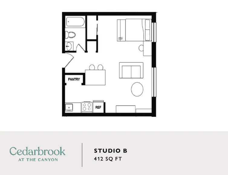 Modern Studio B floor plan with open living area, compact kitchen, and cozy bedroom space at Cedarbrook, 412 sq ft.