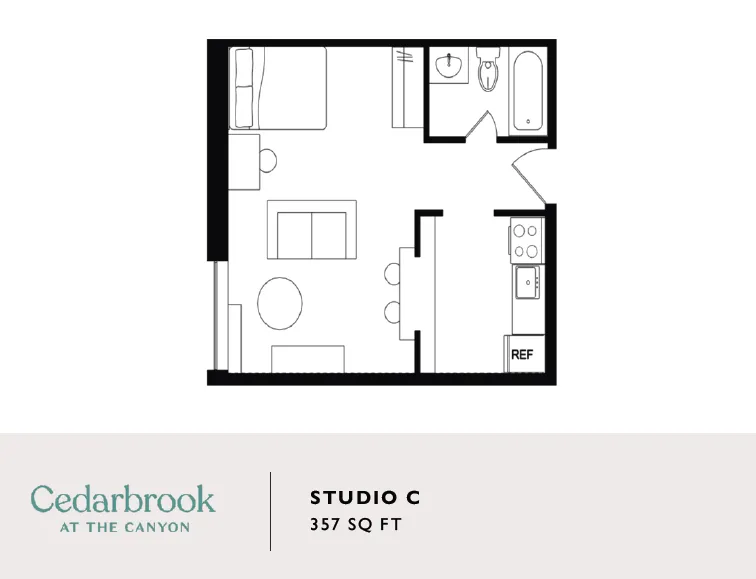 Chic Studio C floor plan in Cedarbrook at the Canyon, showcasing a compact 357 sq ft layout with an open living area, kitchen, and cozy bedroom space.
