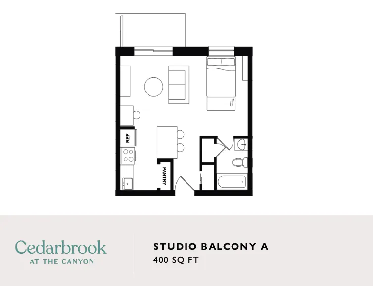 Modern studio floor plan 'Studio Balcony A' at Cedarbrook, featuring an open-concept living area, cozy bedroom space, compact kitchen with pantry, and a private balcony. Total area: 400 sq ft.