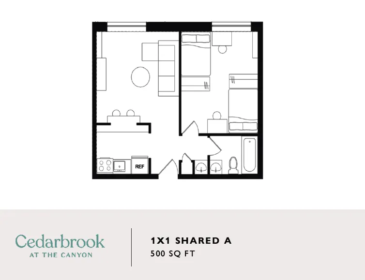 Efficient 500 sq ft floor plan at Cedarbrook featuring a cozy 1-bedroom, shared living space, and modern kitchen.