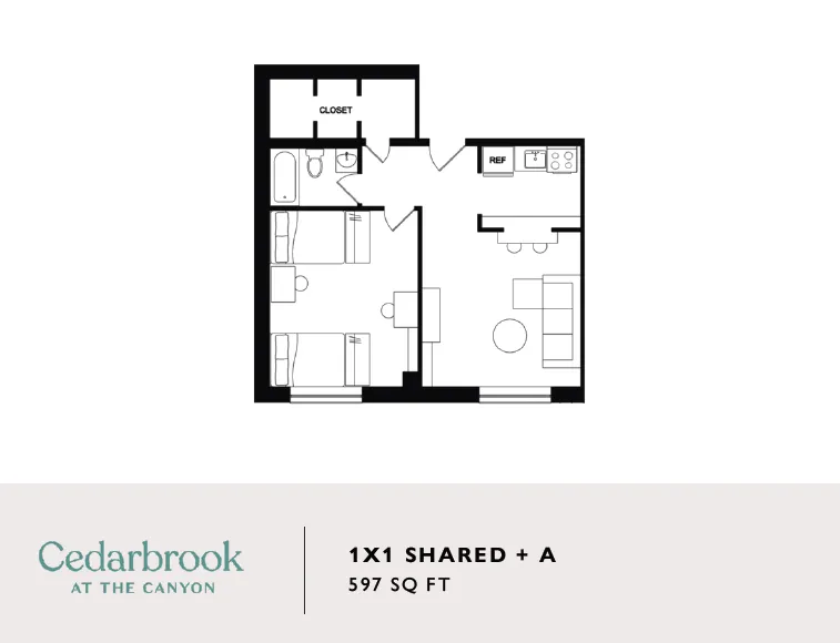 Modern floor plan for Cedarbrook at the Canyon showcasing a shared 1x1 layout with an inviting living area, cozy bedroom with dual beds, compact kitchen, and bathroom in 597 sq ft.