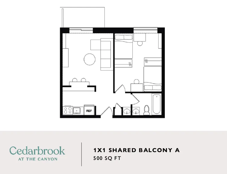 Modern 1-bedroom apartment floor plan with a shared balcony layout, cozy living area, efficient kitchen, and a spacious bathroom, covering 500 sq ft at Cedarbrook at the Canyon.