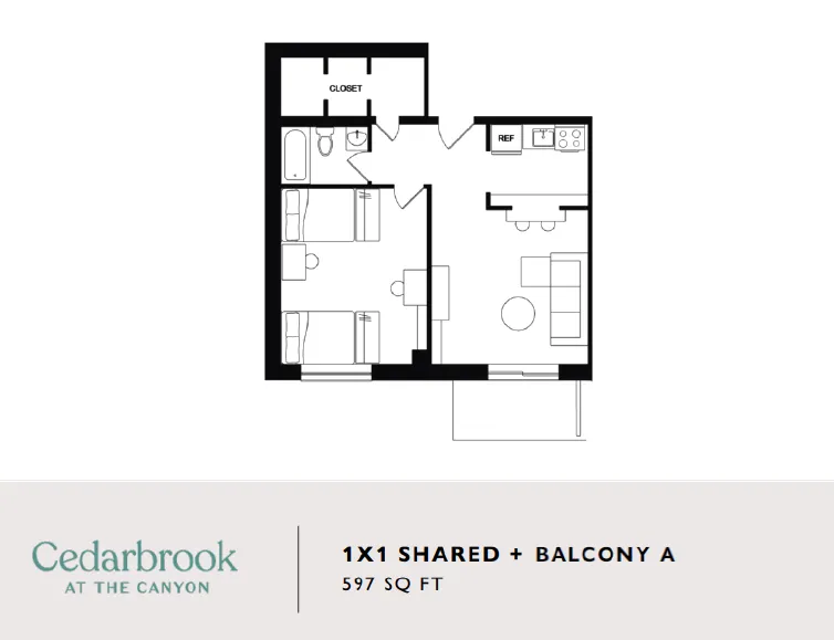 Modern 1x1 shared floor plan at Cedarbrook featuring a spacious living area, cozy bedroom, and private balcony, 597 sq ft.