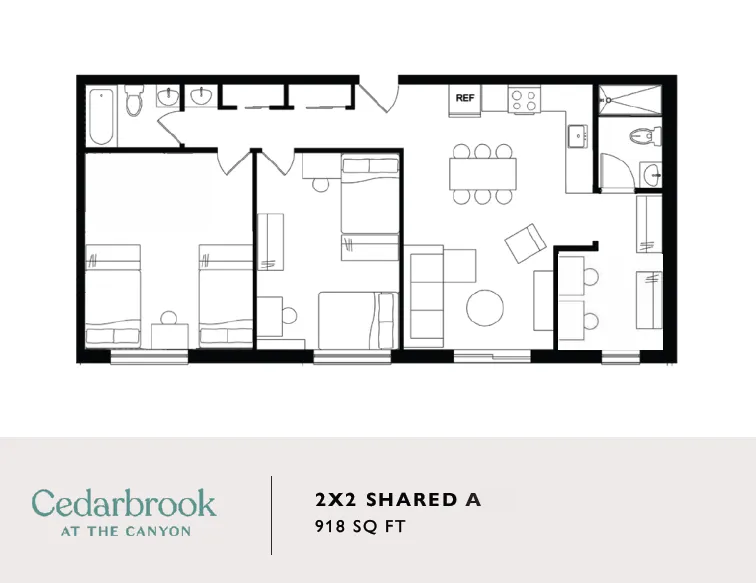 Cedarbrook at the Canyon floor plan: Modern 2x2 shared apartment with 918 sq ft, featuring two bedrooms, spacious living area, fully-equipped kitchen, and two bathrooms.