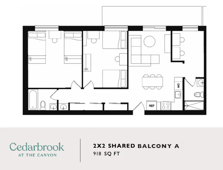 Inviting floor plan at Cedarbrook featuring 2 bedrooms, 2 bathrooms, an open living area, and shared balcony, totaling 918 sq ft.