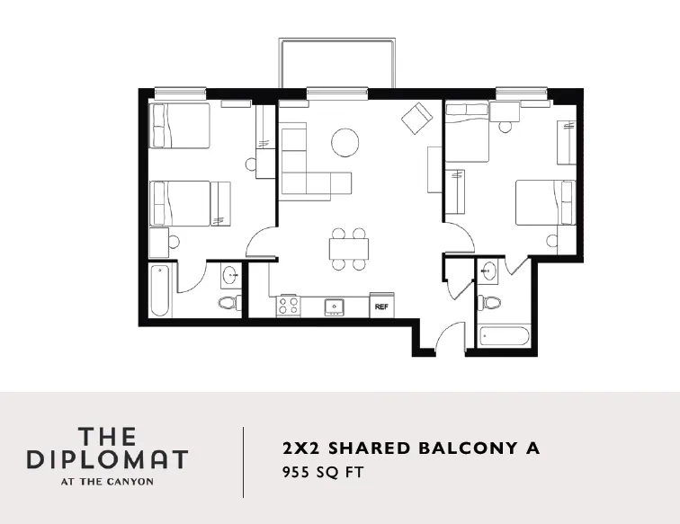 Contemporary 2D floor plan at The Diplomat showcasing two bedrooms, two bathrooms, shared balcony, and open living space, spanning 955 sq ft.
