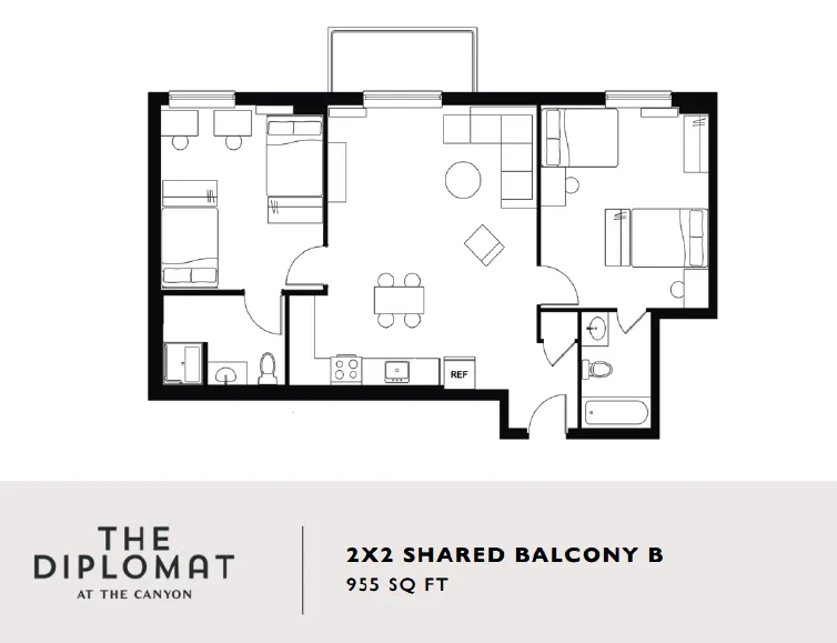 Modern floor plan of The Diplomat featuring 2 bedrooms, 2 bathrooms, spacious living area, and a kitchen, within 955 sq ft including shared balcony.