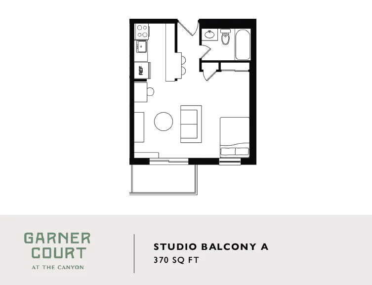 Compact Studio Balcony A floor plan at Garner Court, featuring a cozy open-concept living space, efficient kitchen, and modern bathroom, 370 sq ft.