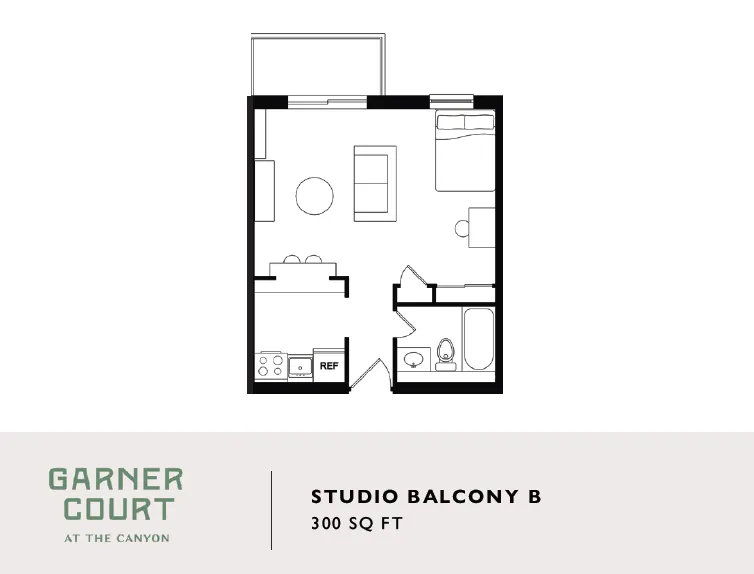 Charming studio floor plan at Garner Court, featuring open-concept living and dining area, stylish kitchenette, cozy sleeping nook, and private balcony, 300 sq ft.