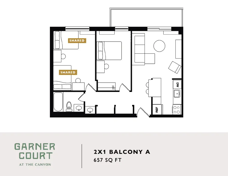 Modern 2D floor plan of Garner Court showcasing a 2-bedroom layout with shared spaces, open living area, and functional kitchen, spanning 657 sq ft.