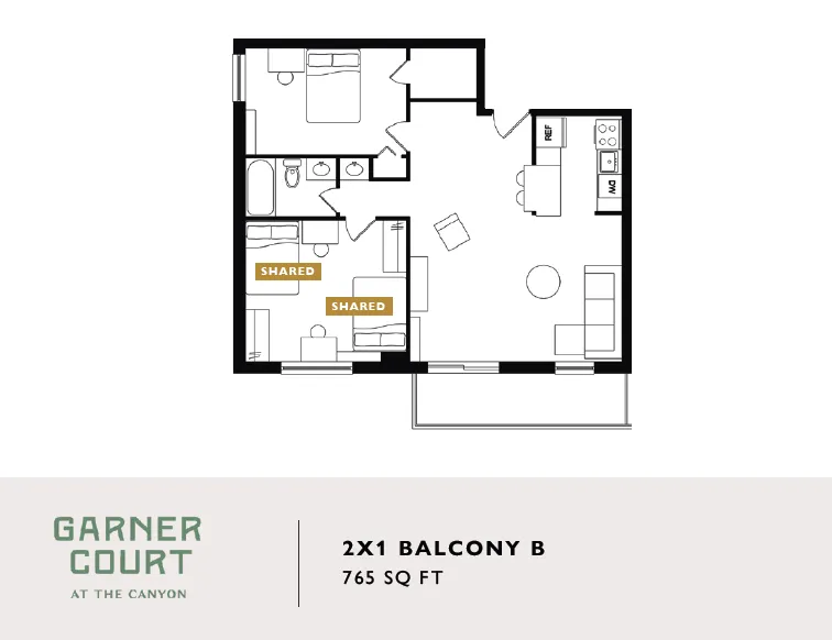 Modern Garner Court 2X1 Balcony B floor plan featuring two bedrooms, a shared bathroom, open living area, and kitchen in 765 sq ft.