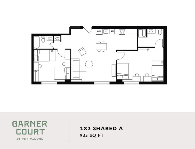 Modern floor plan of Garner Court featuring 2 bedrooms and 2 bathrooms with an open-concept living and dining area, spanning 935 sq ft.
