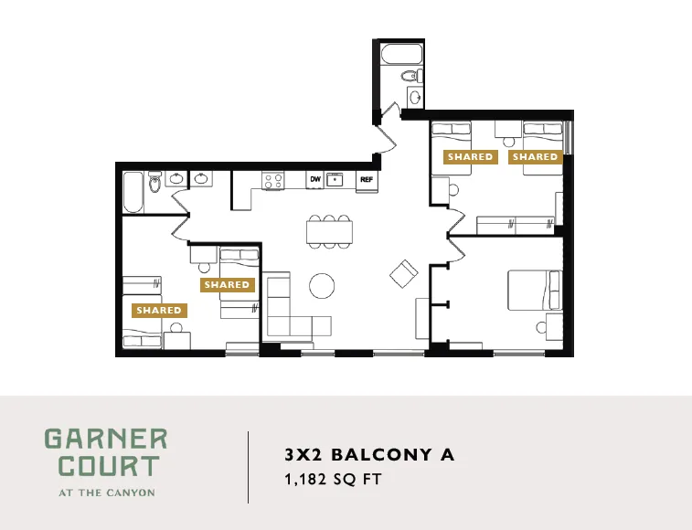 Garner Court floor plan of 3X2 Balcony A featuring 3 bedrooms, open living area, and modern kitchen, totaling 1,182 sq ft.
