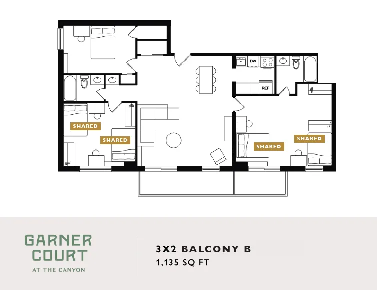 Contemporary 3X2 Balcony B floor plan offering 3 bedrooms, a spacious open living area, and a modern kitchen in Garner Court, 1,135 sq ft.