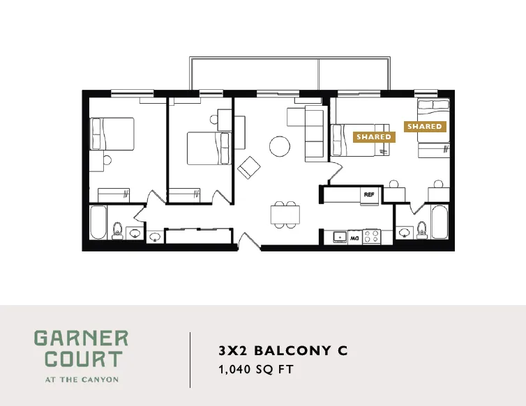 Stylish 3-bedroom apartment floor plan with open living area, twin shared spaces, and modern kitchen at Garner Court, 1040 sq ft.
