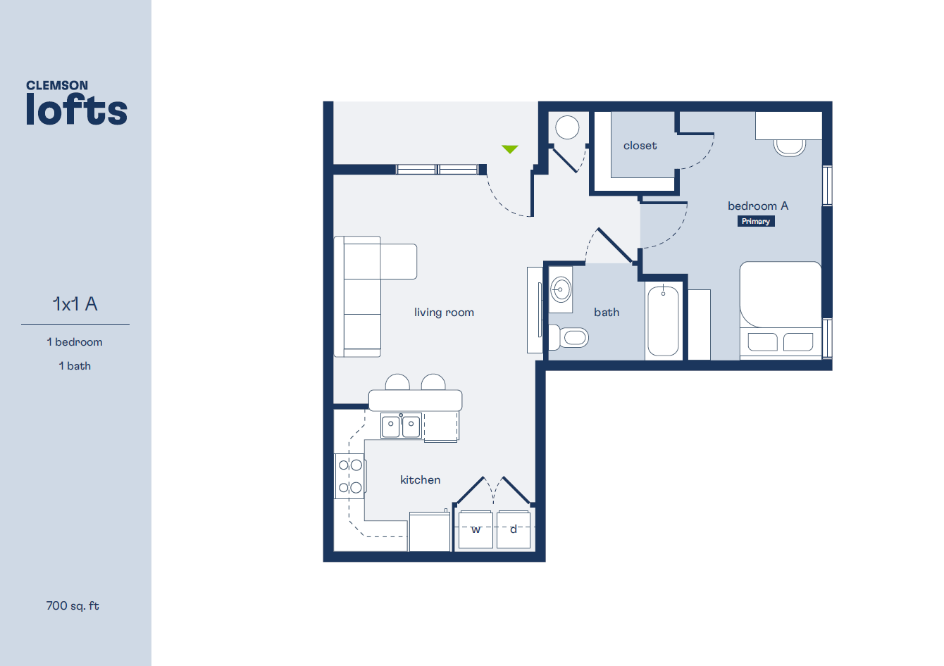 Clemson Lofts modern floor plan showcasing 1 bedroom, 1 bath, with a combined living room and kitchen in 700 sq ft.
