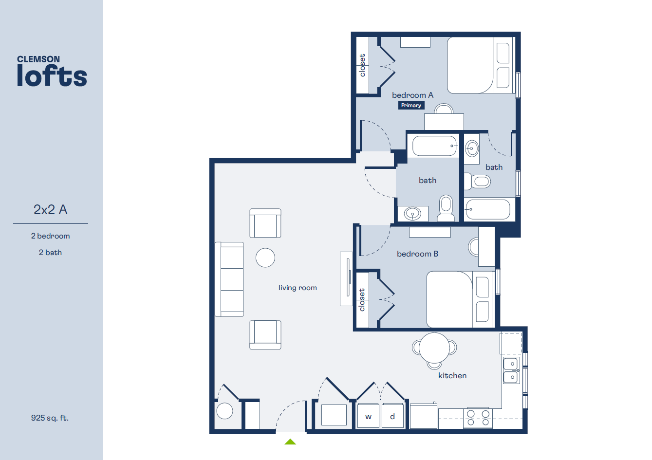 Chic 2-bedroom, 2-bathroom Clemson Lofts floor plan with spacious living area and modern kitchen, 925 sq ft.