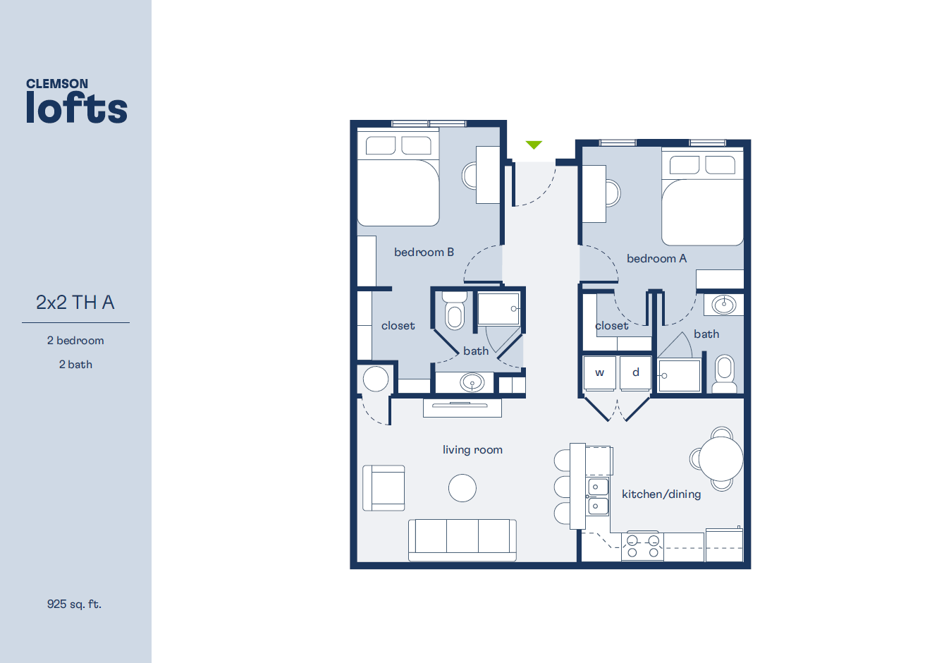 Clemson Lofts 2x2 TH A floor plan showcasing a modern 2-bedroom, 2-bath apartment with an open living room and a stylish kitchen/dining area, spanning 925 sq. ft.