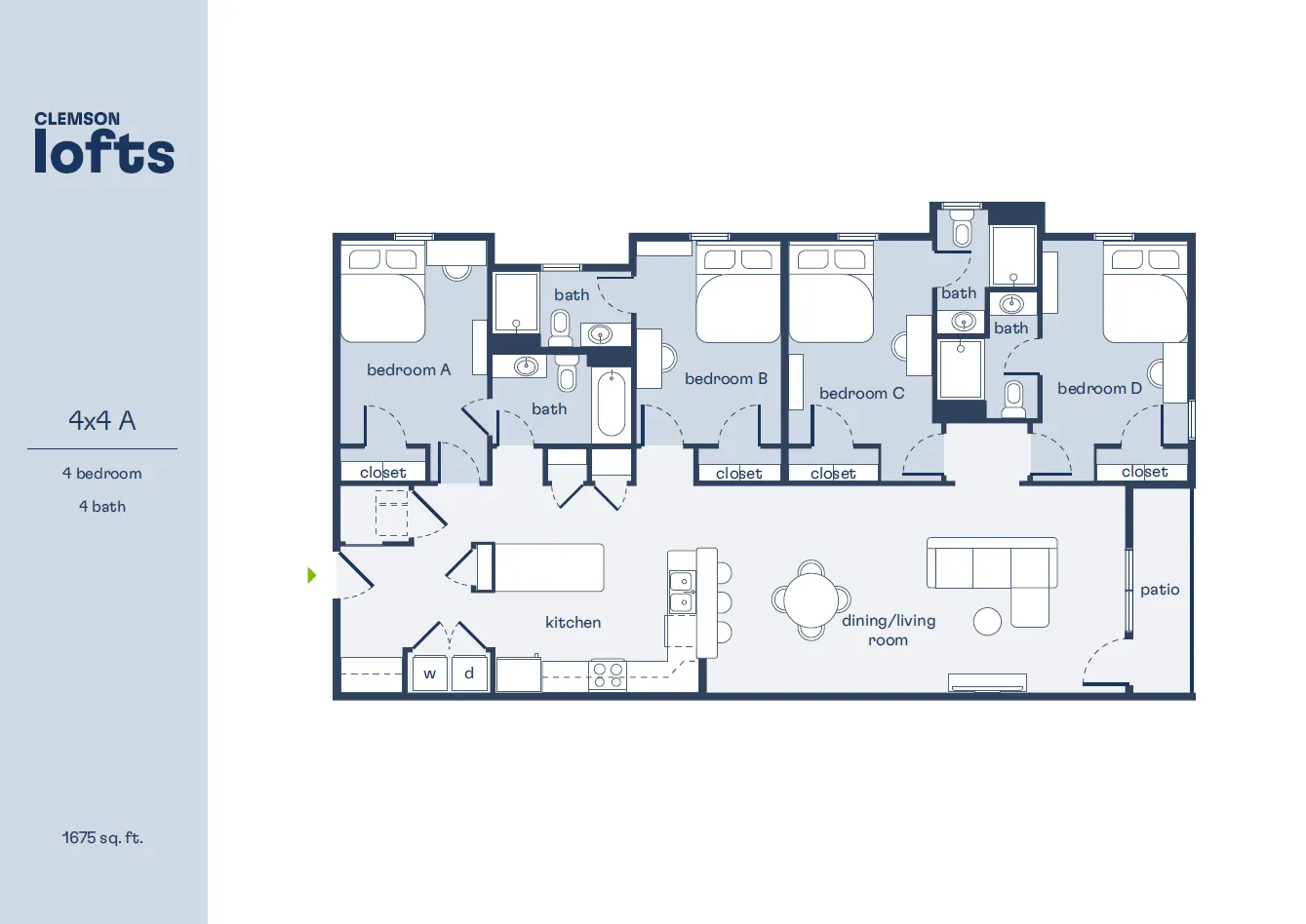 Modern floor plan for a spacious 4 bedroom, 4 bathroom apartment featuring open living and dining areas, a kitchen with washer and dryer, and a private patio, spanning 1675 sq. ft. at Clemson Lofts.