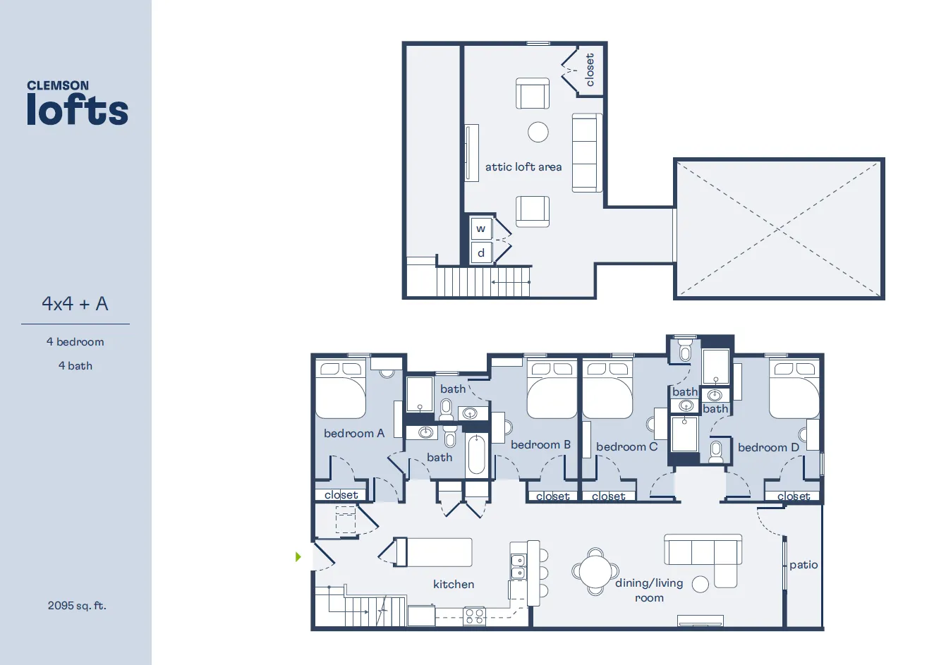 Clemson Lofts floor plan showcasing a spacious 4 bedroom, 4 bath design with attic loft area, open kitchen, dining/living room, and patio, totaling 2095 sq. ft.