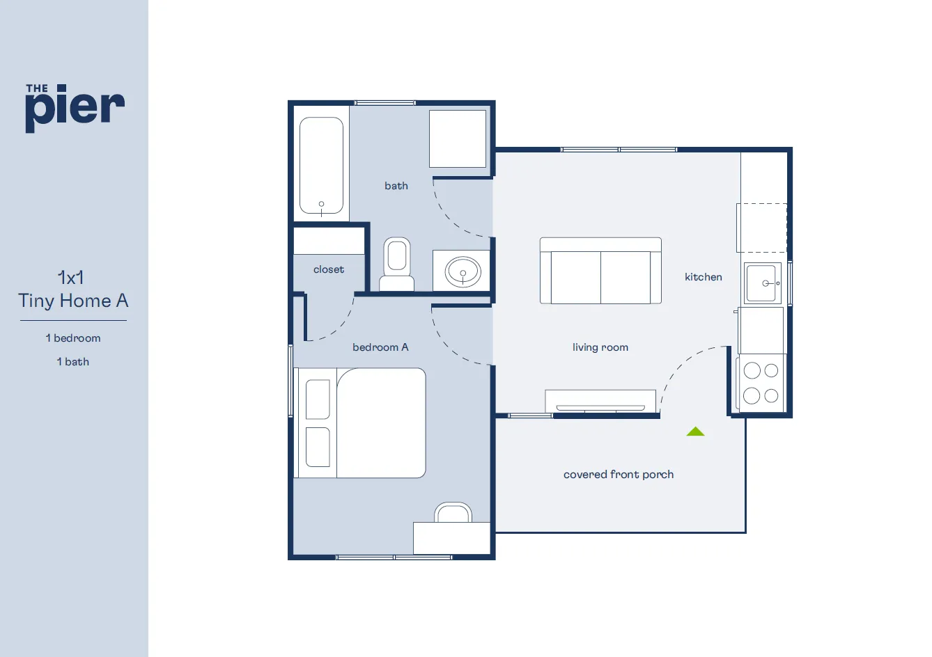 Chic tiny home floor plan of a 1-bedroom, 1-bath layout with open living room and kitchen, featuring a covered front porch for seamless indoor-outdoor living.