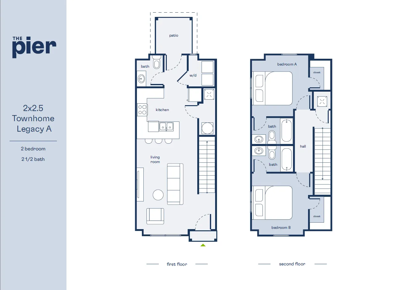 Modern 2x2.5 townhome floor plan with two bedrooms, spacious living areas, and a patio, labeled Legacy A at The Pier.