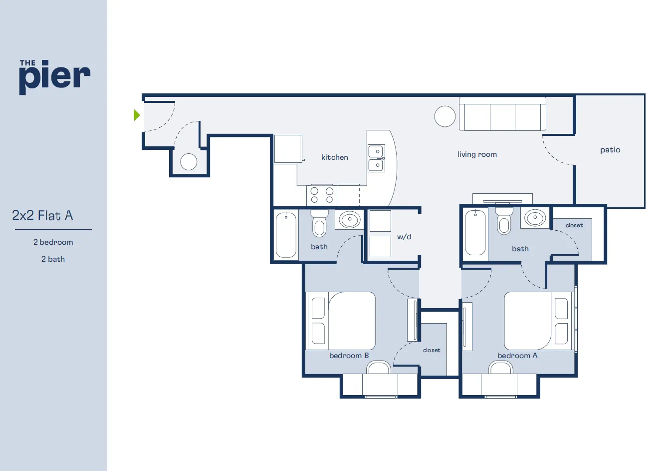 Modern 2D floor plan of The Pier's 2x2 Flat A, featuring 2 bedrooms, 2 bathrooms, an open-concept living area, and a stylish patio.