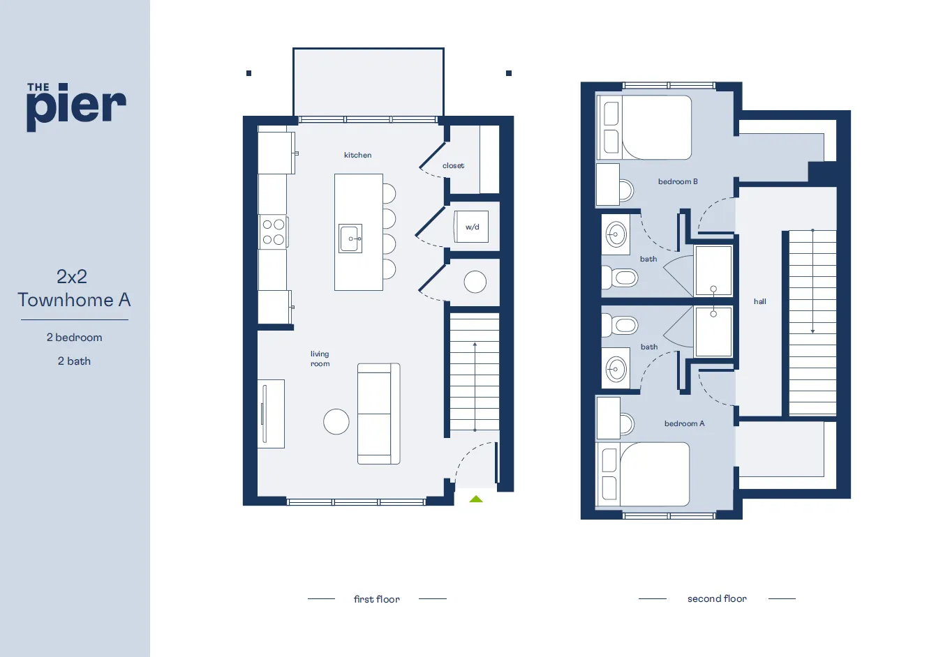 Chic 2x2 Townhome A floor plan showcasing an open kitchen, a cozy living room, and two spacious bedrooms each with private baths across two floors, ideal for modern living.