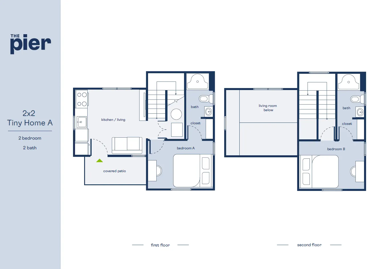 Modern 2x2 Tiny Home A floor plan showcasing two sophisticated levels, featuring 2 bedrooms, 2 baths, a cozy living room, and a covered patio for relaxing.