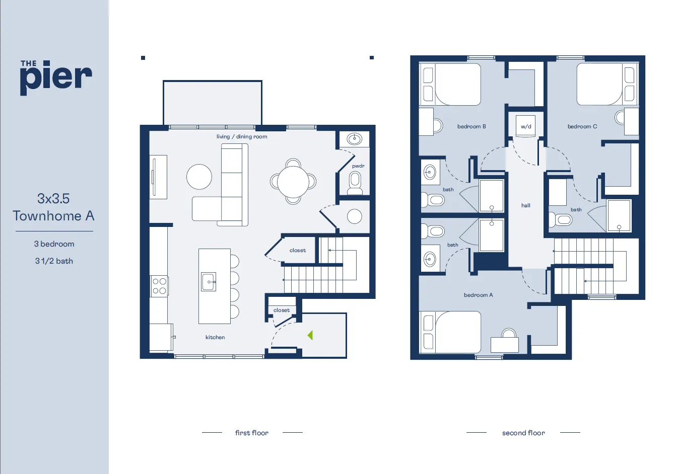 Elegant townhome floor plan labeled 'The Pier,' featuring 3 bedrooms and 3.5 baths. Includes open-concept living/dining area, modern kitchen, and spacious bedrooms.