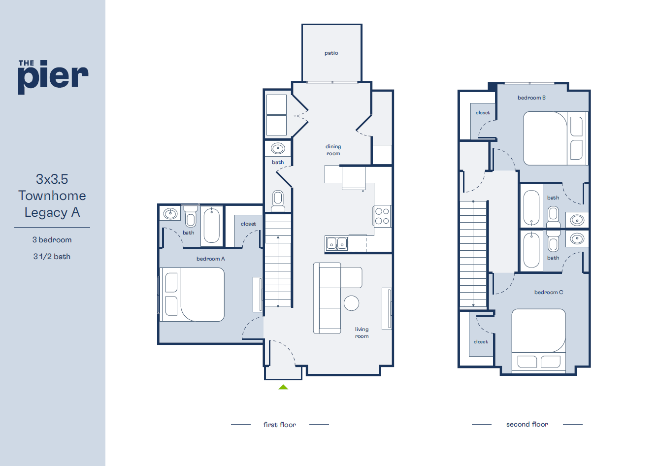 The Pier Townhome Legacy A floor plan, showcasing a spacious 3 bedroom, 3.5 bath layout over two floors, with an open-concept living room and dining area, modern kitchen, and a private patio.
