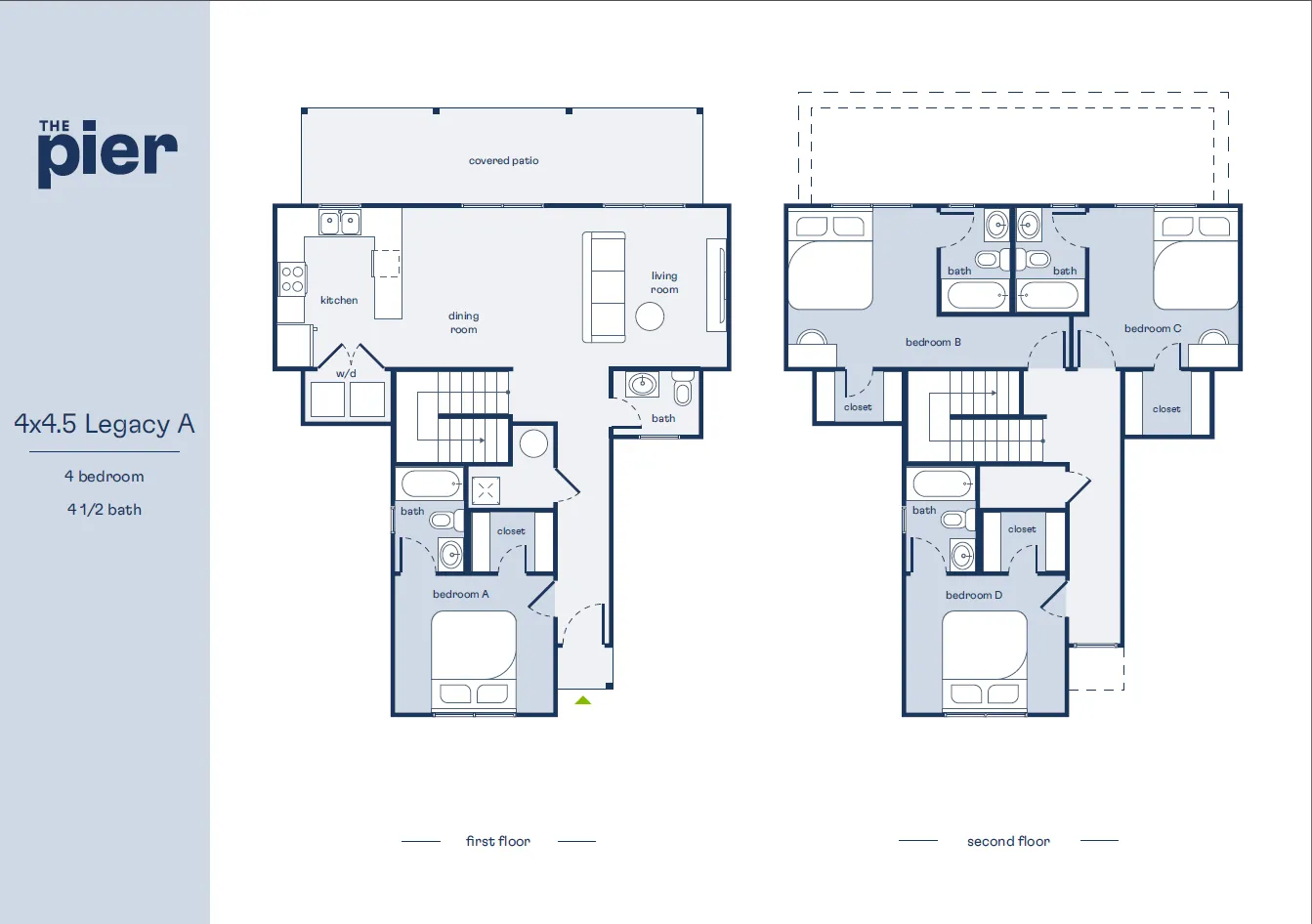 Modern two-story floor plan for 'The Pier 4x4.5 Legacy A' featuring 4 bedrooms, 4.5 baths, open dining and living area, and a covered patio.