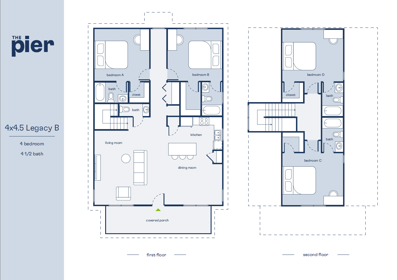 Inviting 4x4.5 Legacy B floor plan showcasing 4 luxurious bedrooms and 4.5 stylish baths. Features open-concept living and dining areas, modern kitchen, and cozy covered porch.