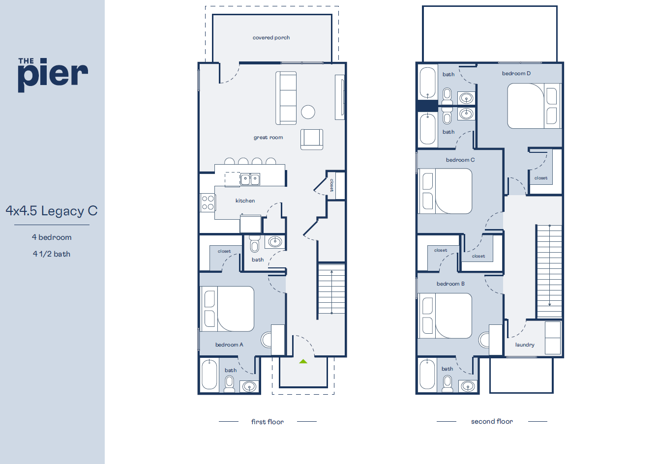 Sophisticated 4x4.5 Legacy C floor plan showcasing 4 bedrooms, 4.5 baths, an expansive great room, and a modern kitchen with covered porch.