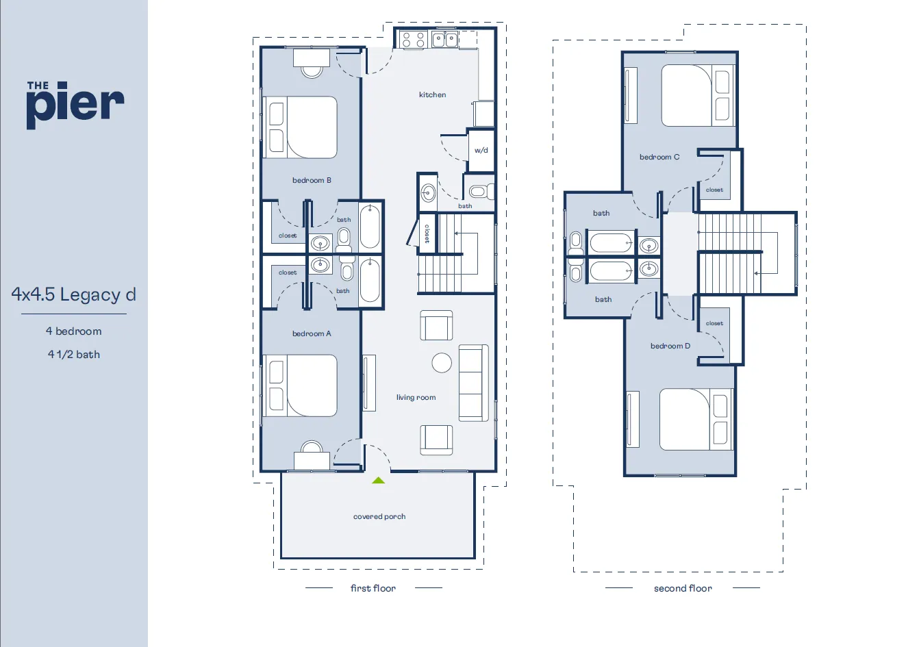 Modern Legacy D floor plan at The Pier, featuring 4 bedrooms and 4.5 baths across spacious two levels, complete with a covered porch, open-concept living room, and elegant kitchen.