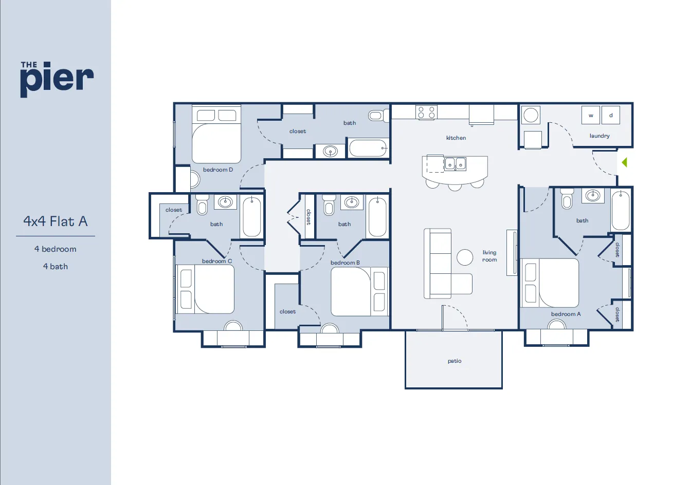 Inviting 4x4 Flat A floor plan with 4 bedrooms, 4 baths, an open kitchen, and a cozy living room opening to a patio.