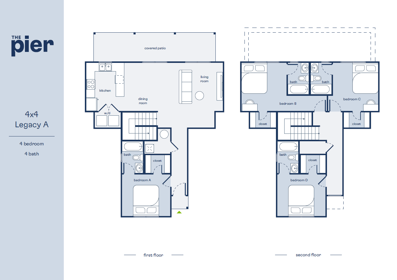 Elegant 4x4 Legacy A floor plan showcasing a spacious two-story layout with 4 bedrooms and 4 baths, featuring an open-concept living room, a modern kitchen, and a covered patio.