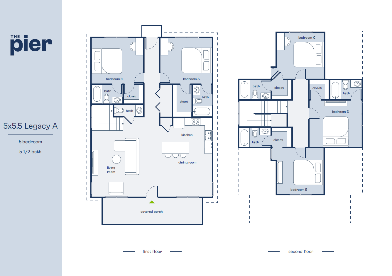 The Pier's elegant 5x5.5 Legacy A floor plan with 5 spacious bedrooms, 5.5 modern baths, cozy living room, and a stylish kitchen with dining area, featuring a covered porch, spread over two floors.